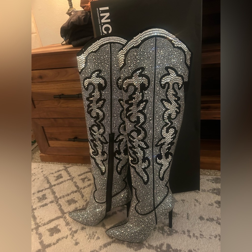 Black and Silver Rhinestone Over-the-Knee Boots